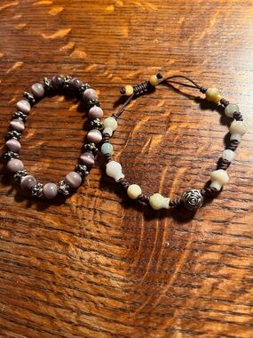 Handcrafted Beaded Bracelet Duo in Lavender, Cream & Brown